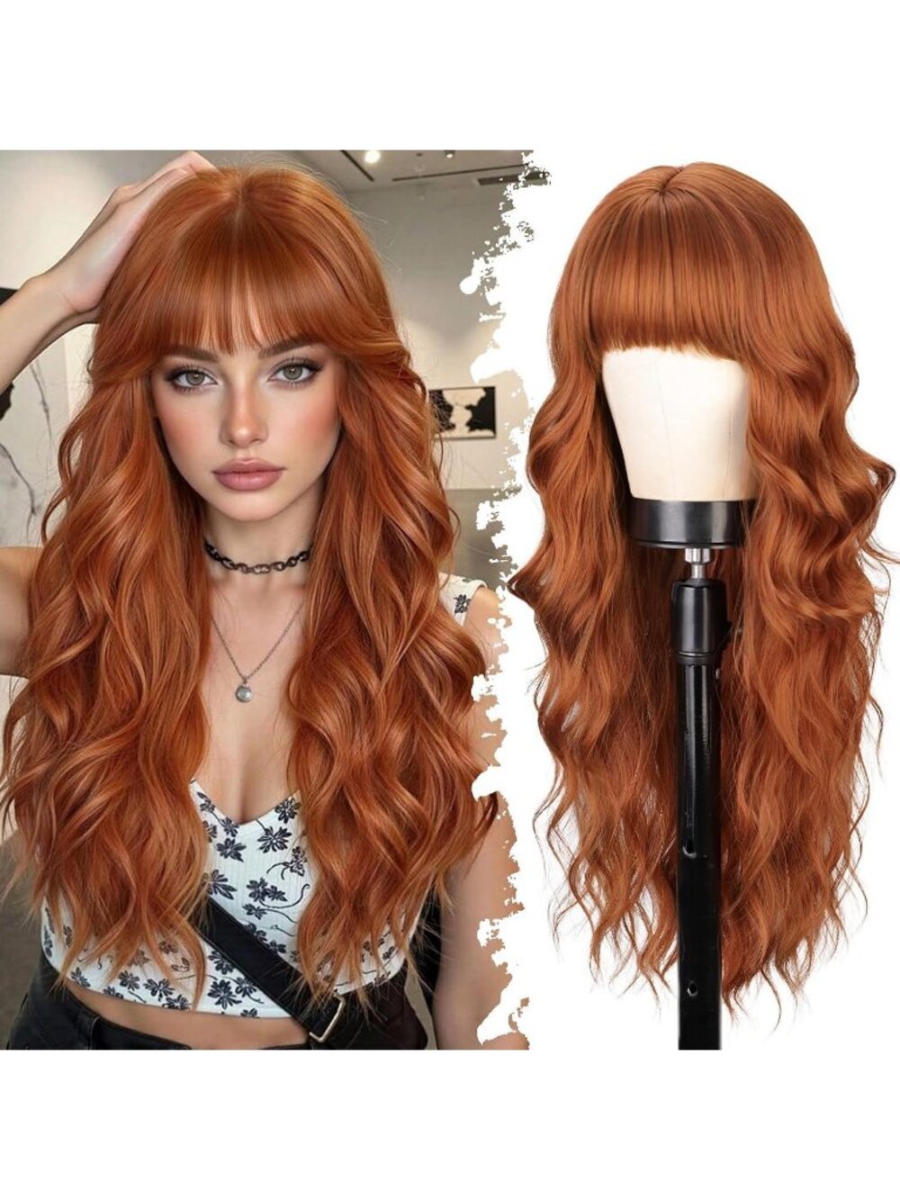 Women's Fashion Ginger Soft Long Natural Looking Wavy Curly Wig with Bangs